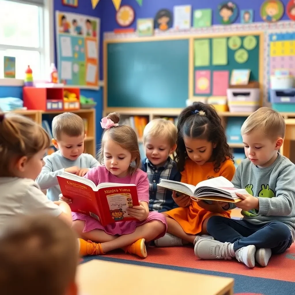 Children reading and learning in a vibrant classroom setting.