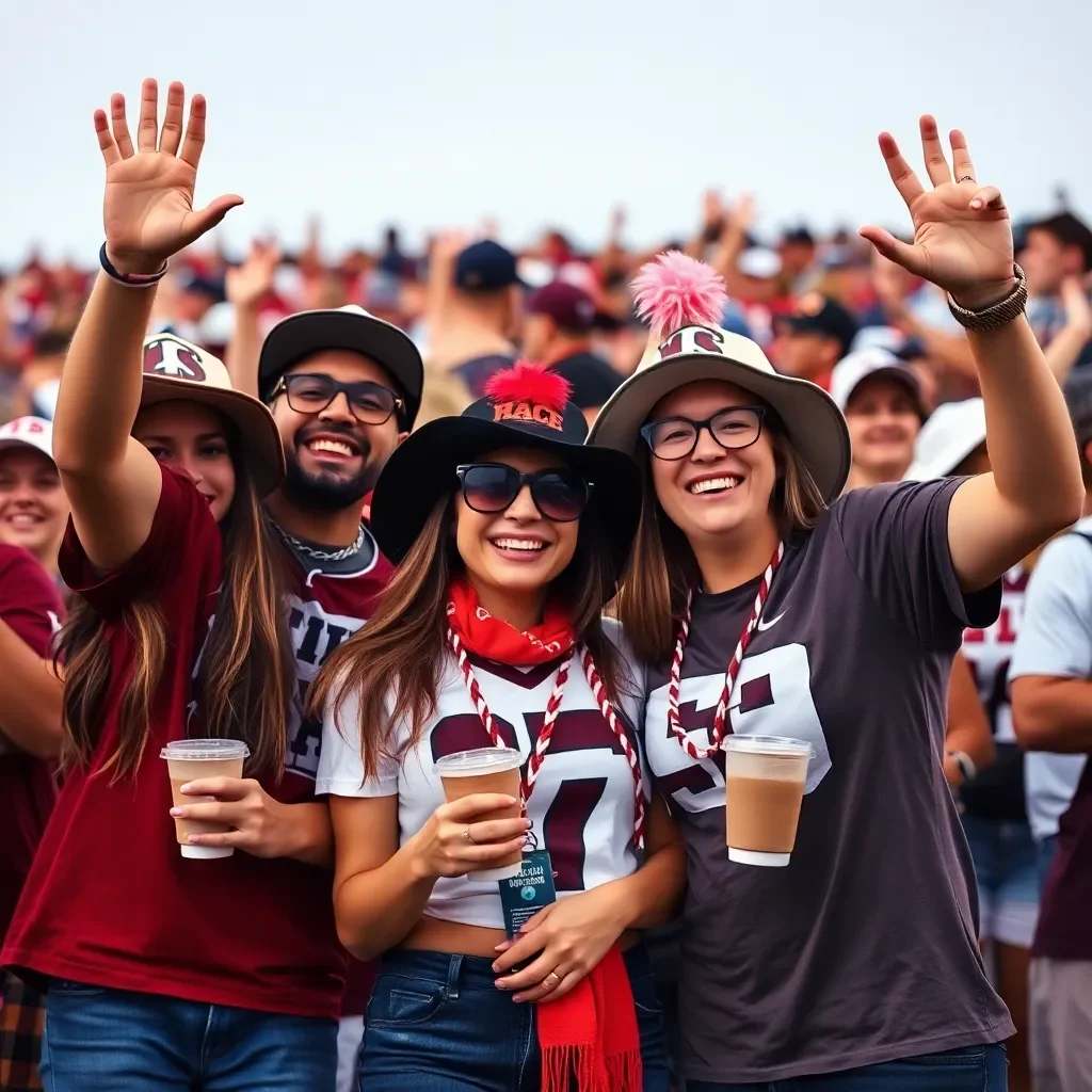 Fans in spirited college football gear cheering together.