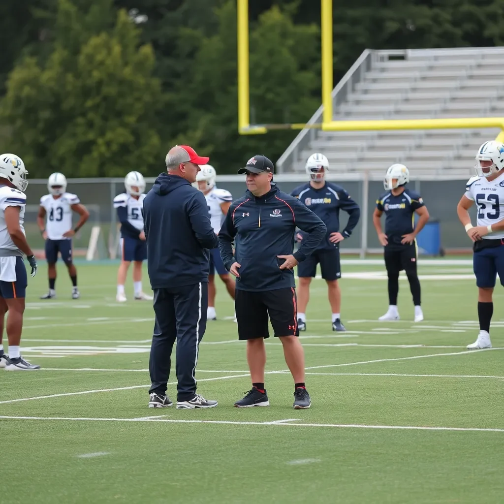 Football field with coaches strategizing during practice session.