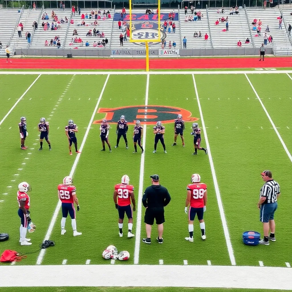 Football field with fresh team colors and equipment.