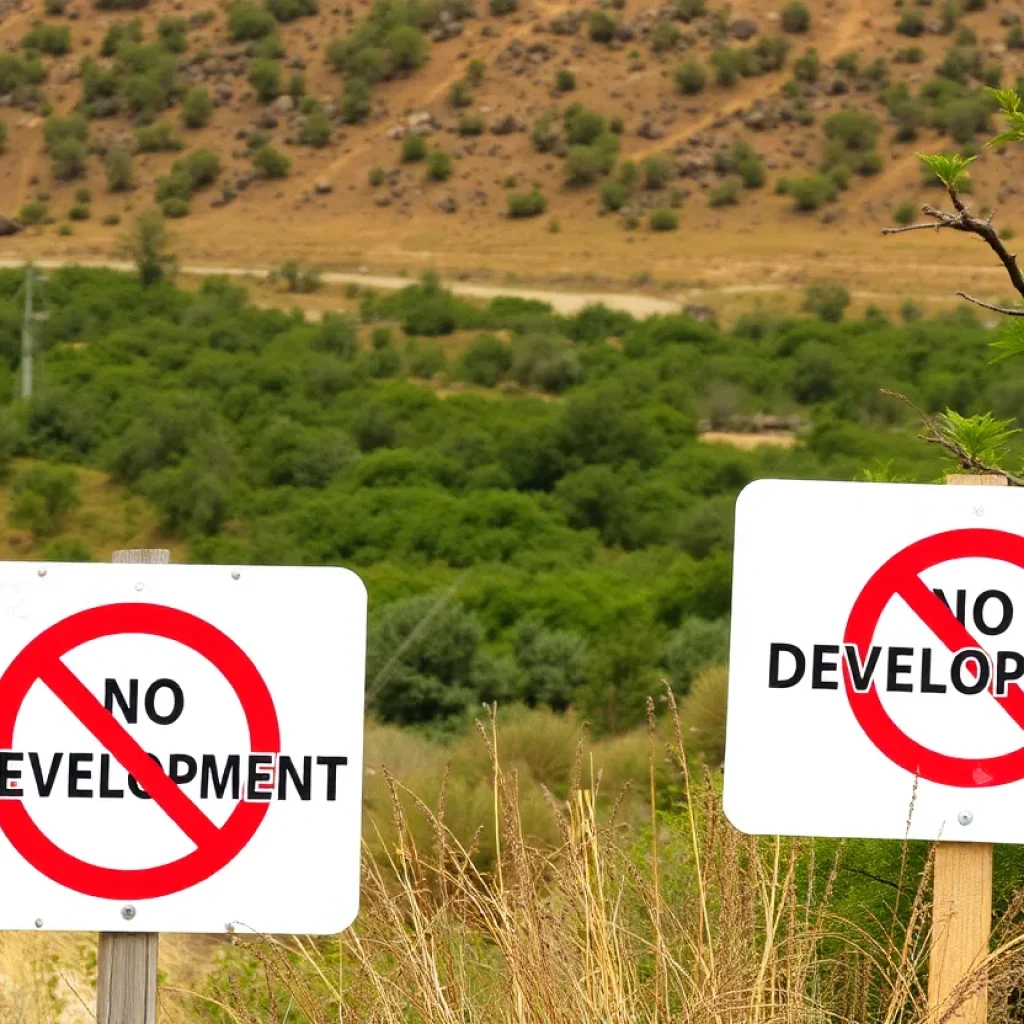 Nature landscape with "No Development" signs in foreground.