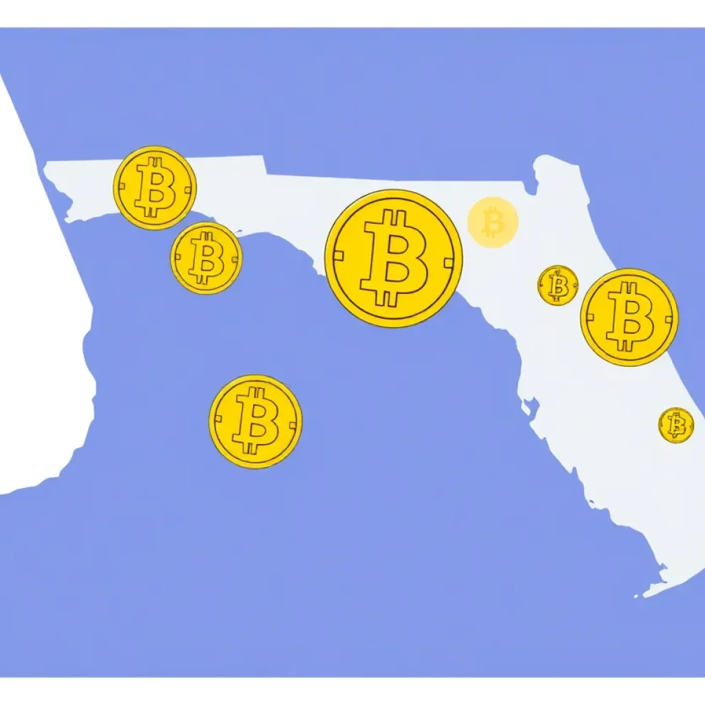 Stylized Florida map with Bitcoin symbols overlaying the state.