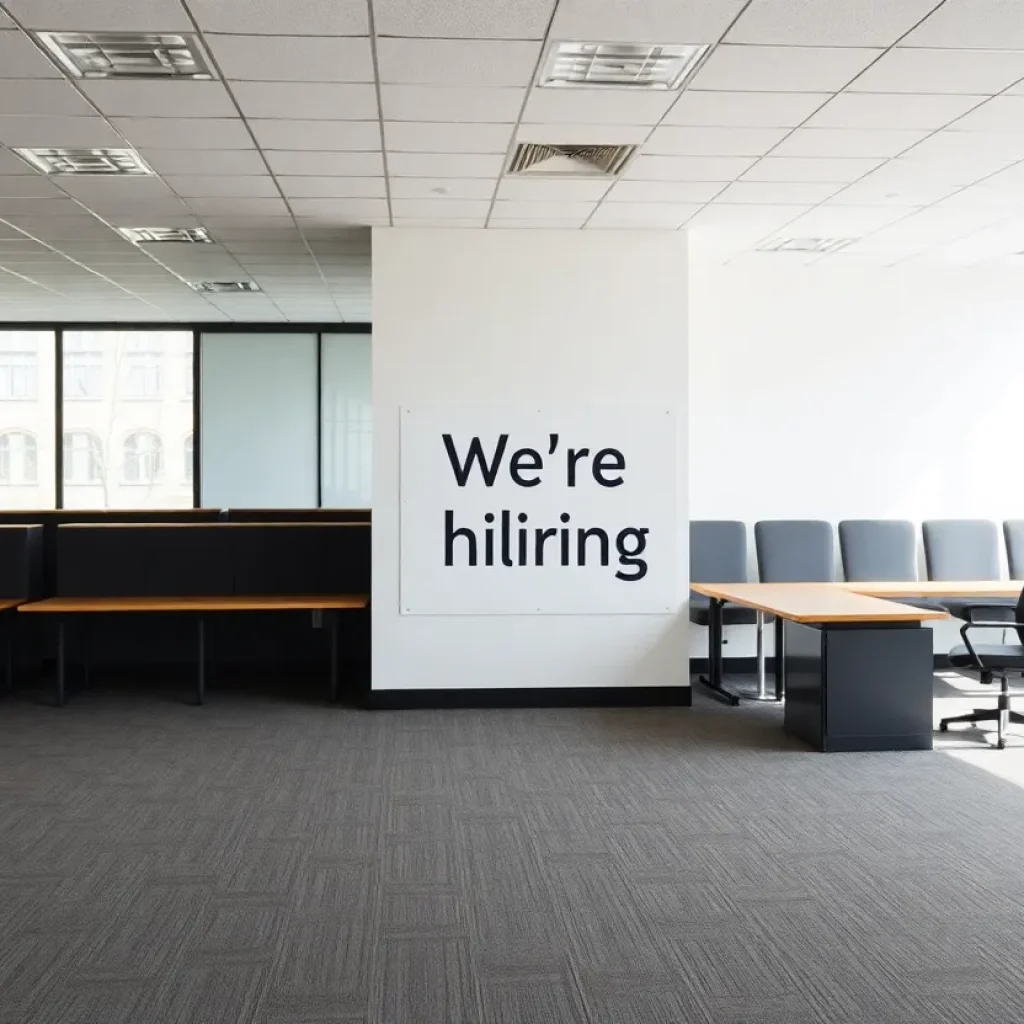 Empty office space with "We're Hiring" sign visible.