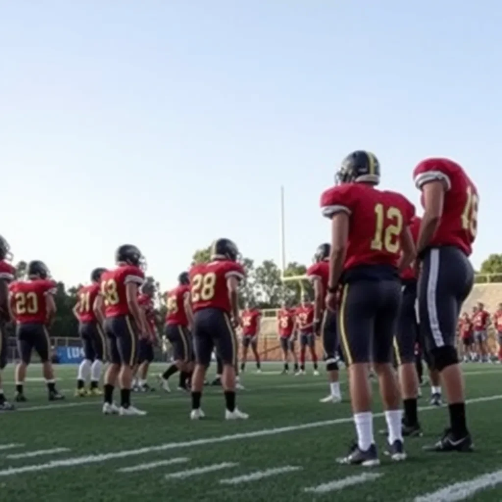 Football field with team huddled, strategizing play.