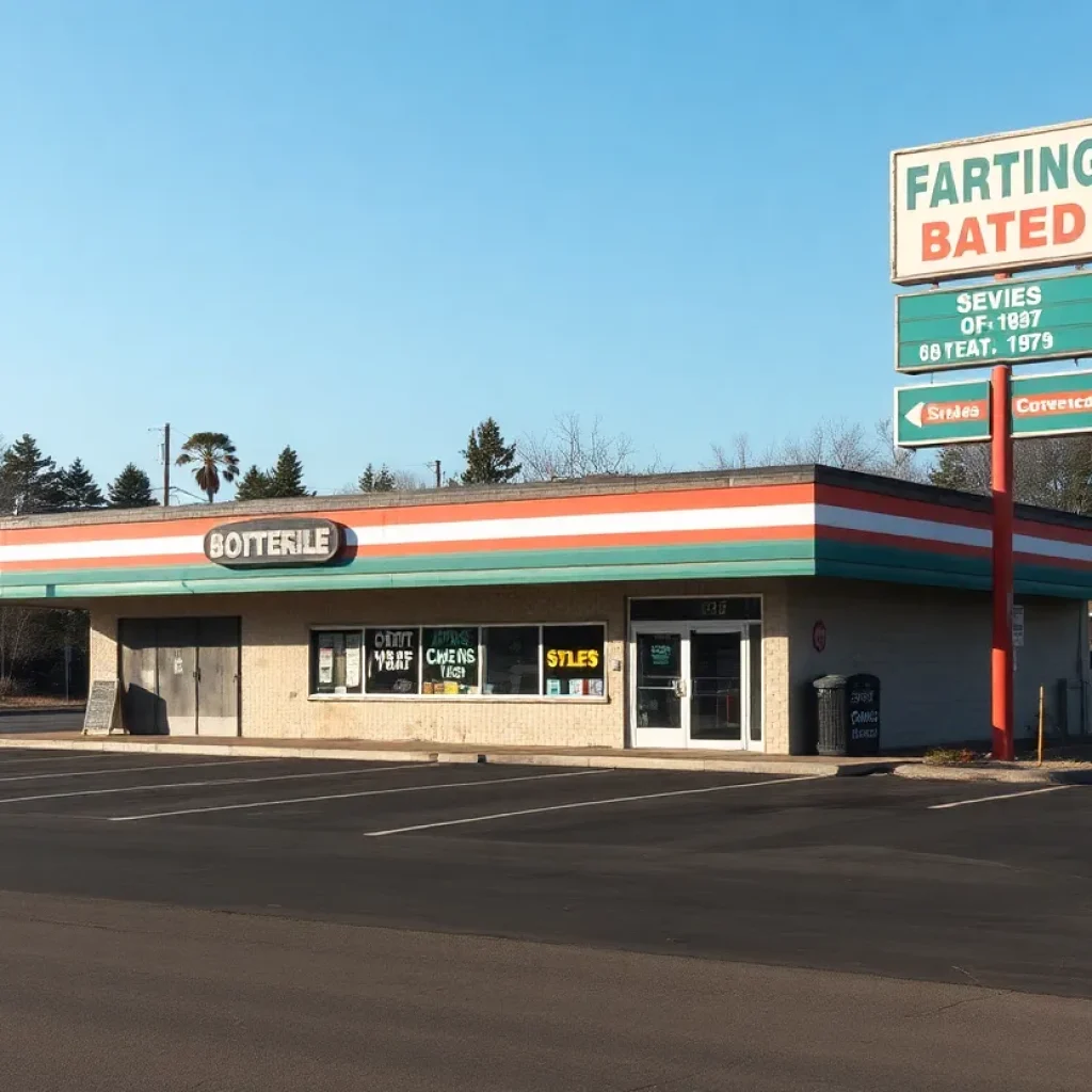 Abandoned convenience store with fading signage and empty parking lot.