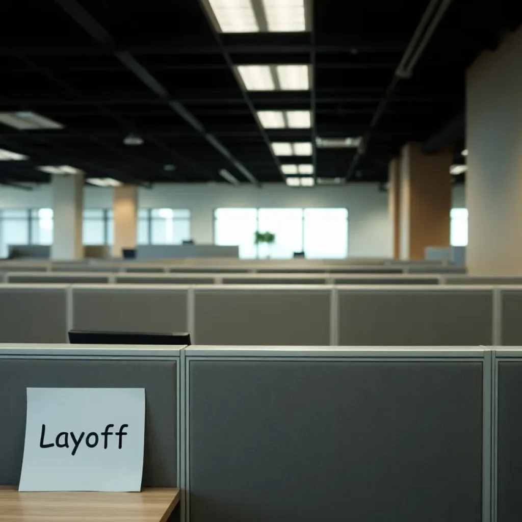 Empty office cubicles with "Layoff" notice on desk.