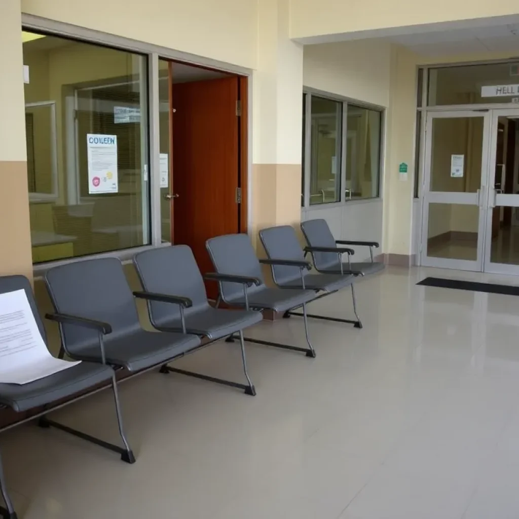 Empty waiting room outside a closed clinic, with paperwork.