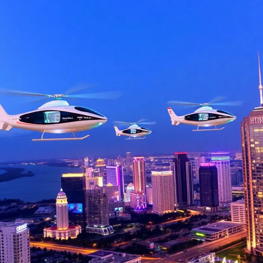 Futuristic air taxis above a vibrant Florida skyline.