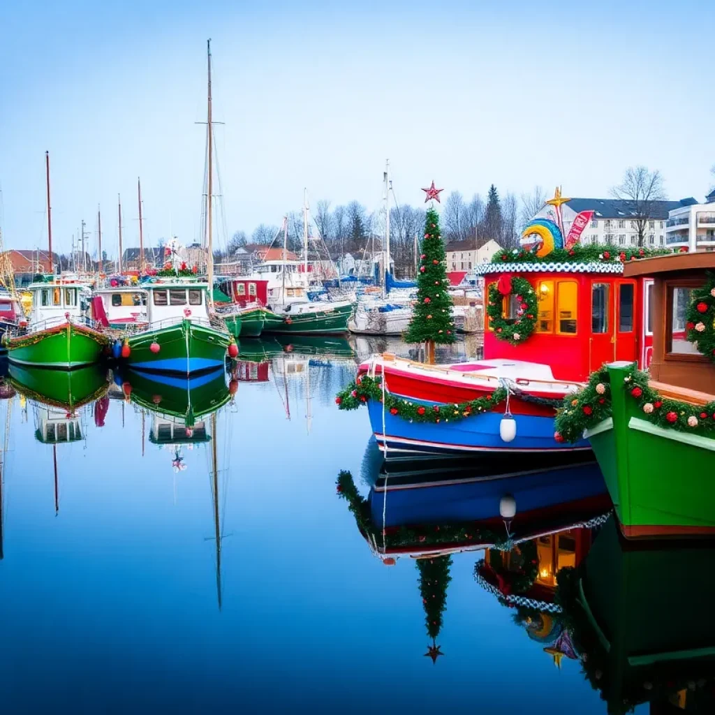 Colorful boats decorated for Christmas on a calm waterfront.