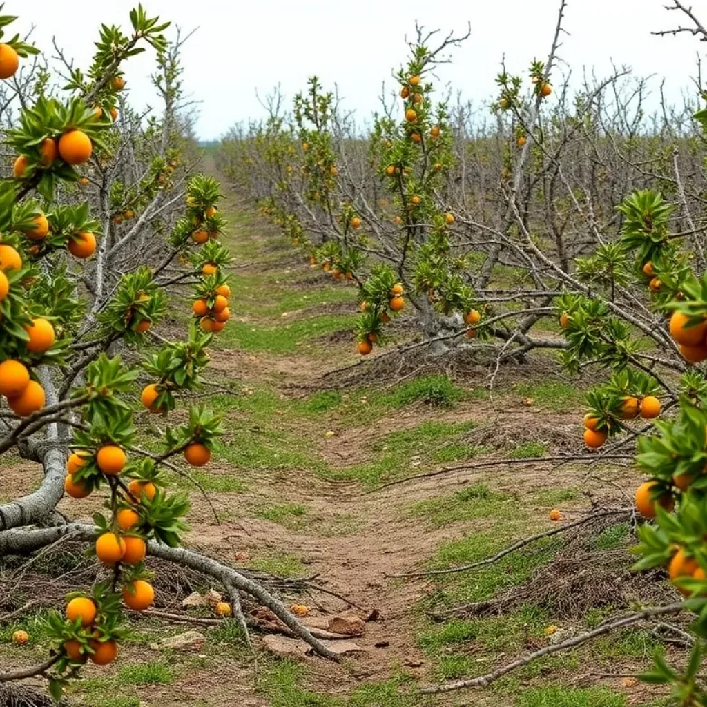 Citrus groves stripped bare after hurricane devastation.