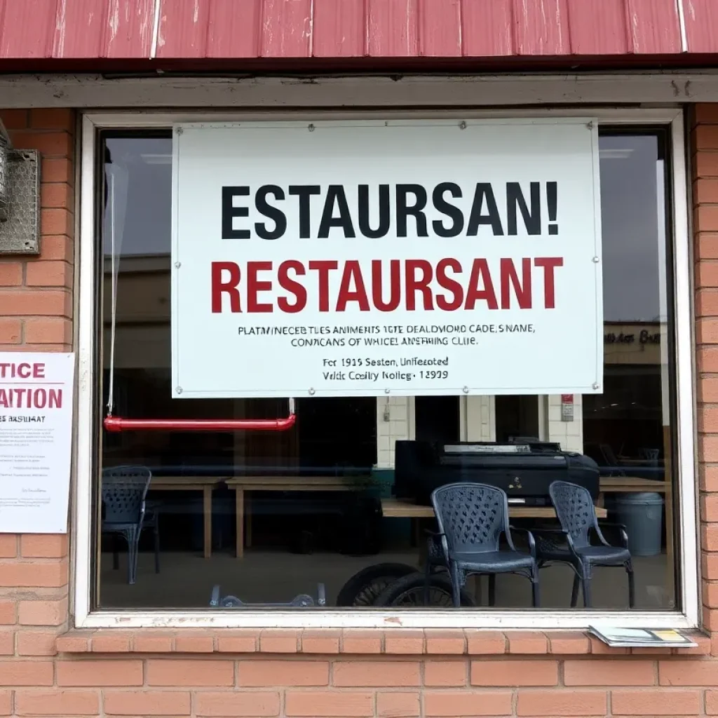 Abandoned restaurant sign with health code violation notice.