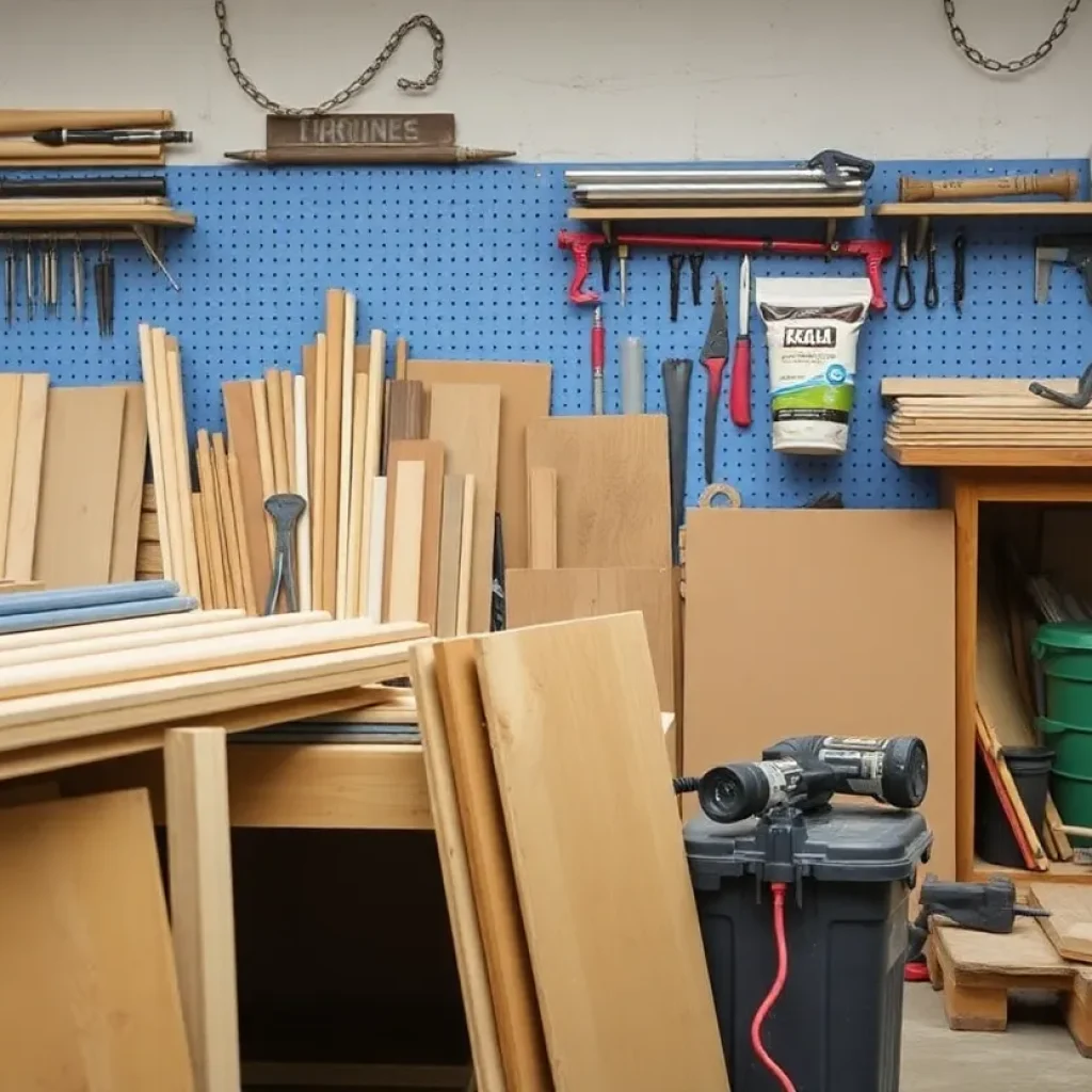 Construction materials and tools arranged in a workshop.