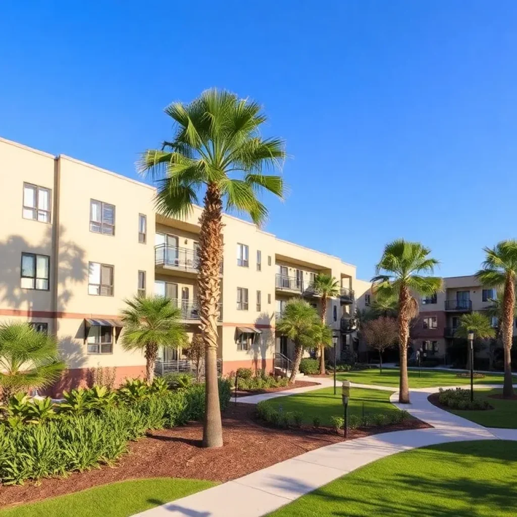 Modern apartment complex surrounded by lush landscaping and palm trees.