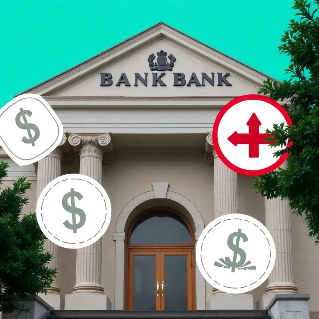 Bank building with money laundering symbols and drug-related imagery.