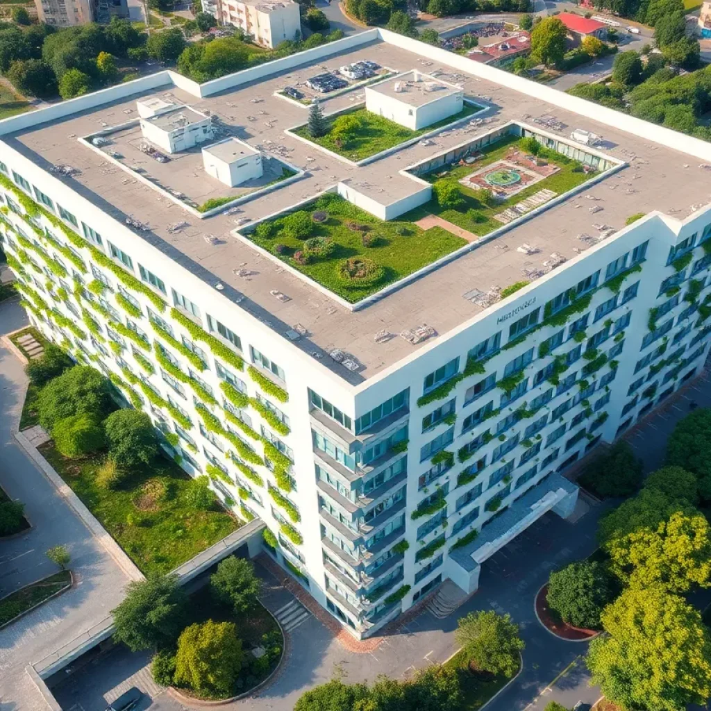 Aerial view of a modern hospital building with greenery.