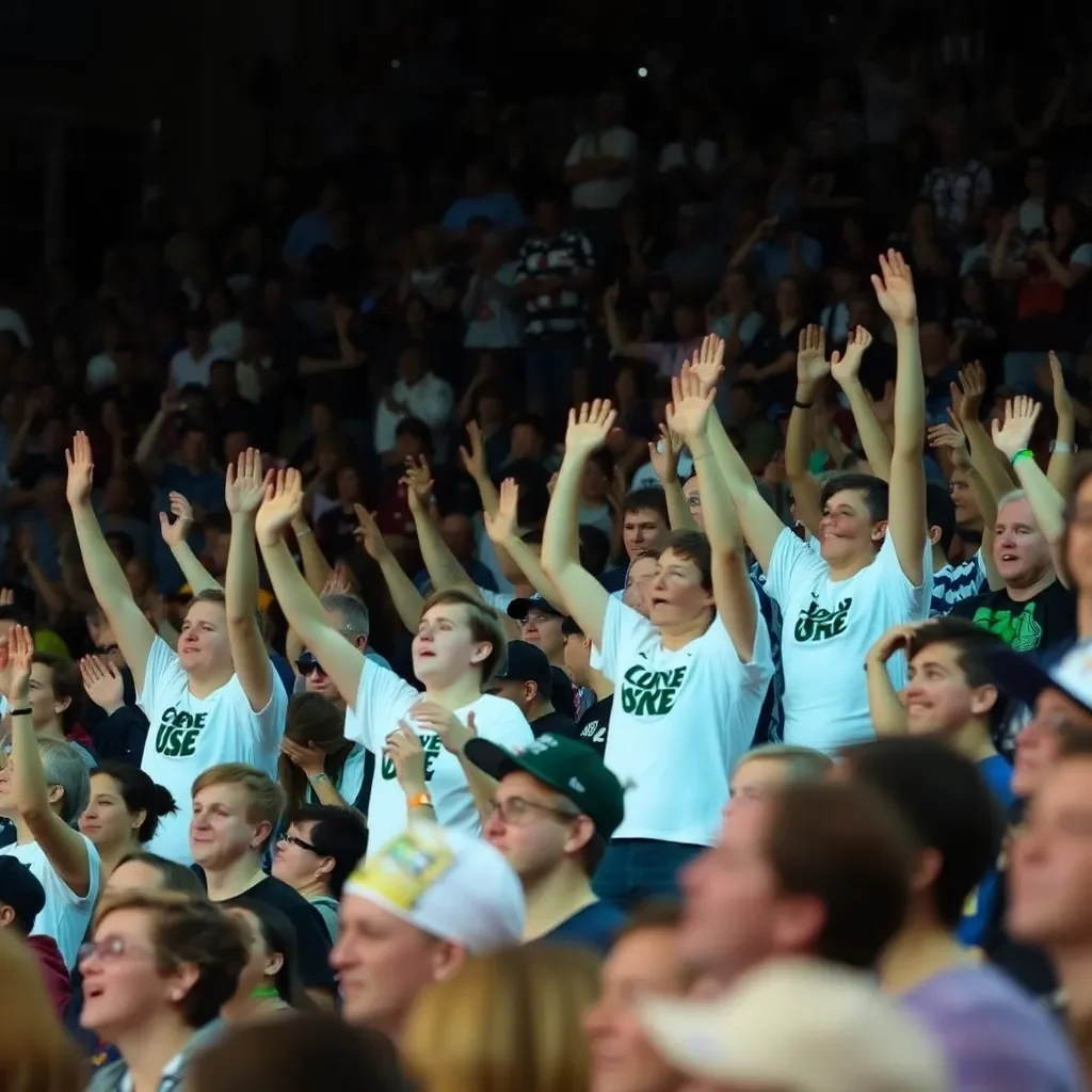 Energetic crowd cheering at college sports event.