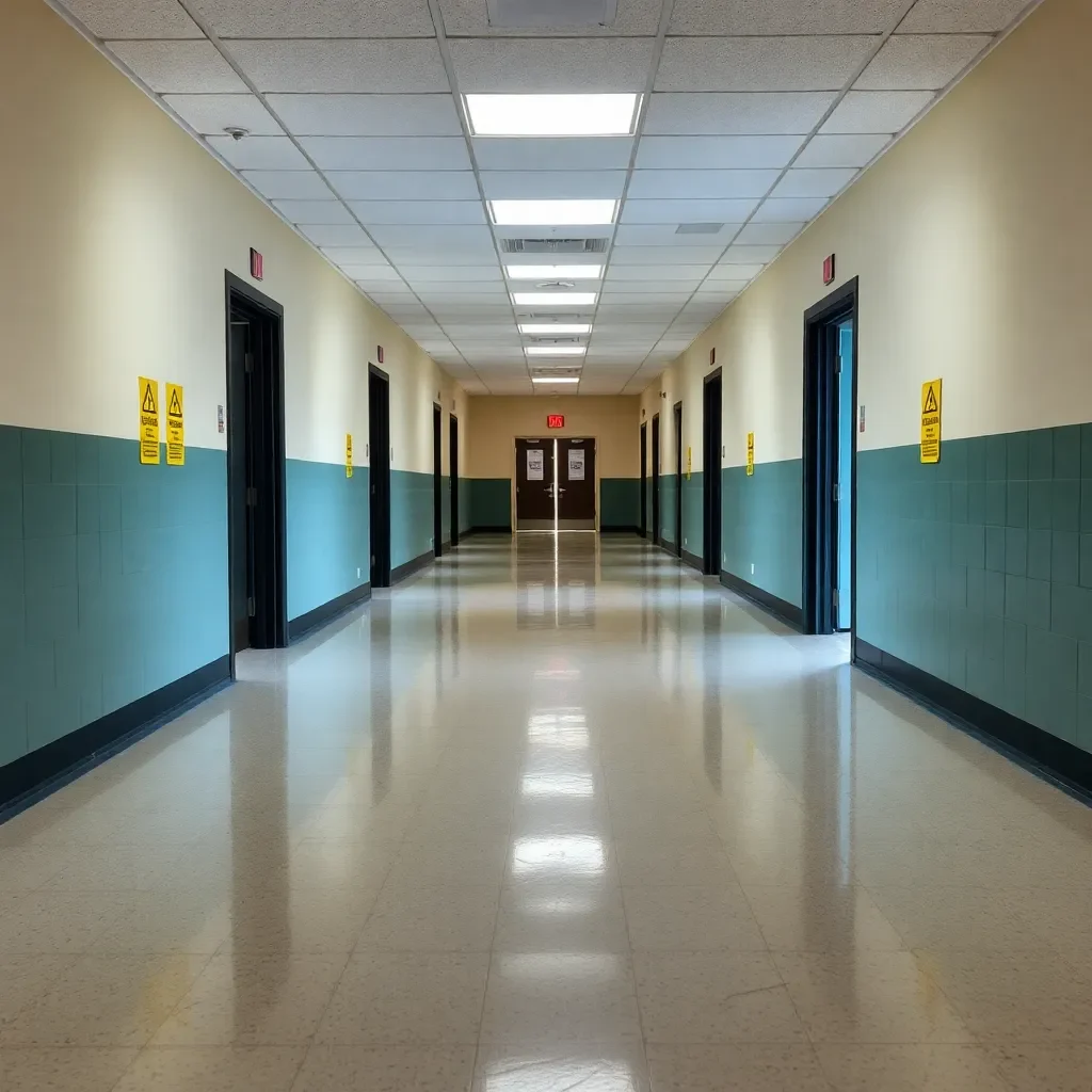 Empty school corridors with caution signs and closed doors.