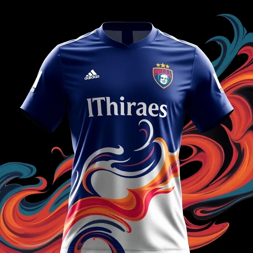 Dynamic football jersey with swirling team colors and logos.