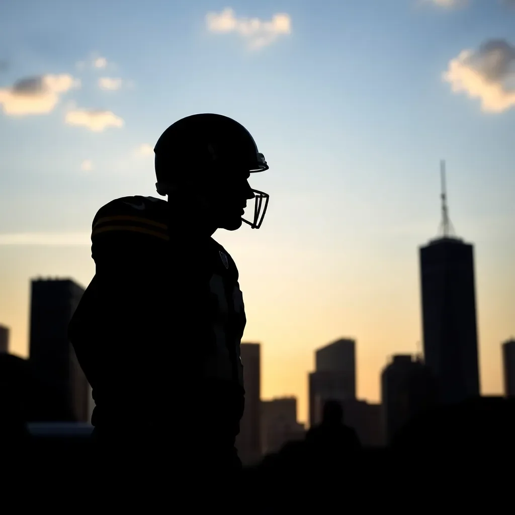 Quarterback silhouettes against a dynamic skyline backdrop.