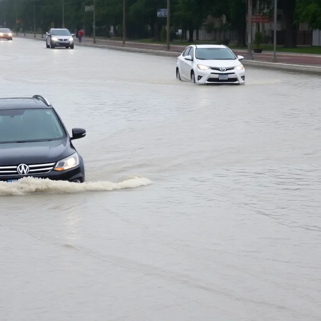 Flooded streets with rising water and submerged vehicles.