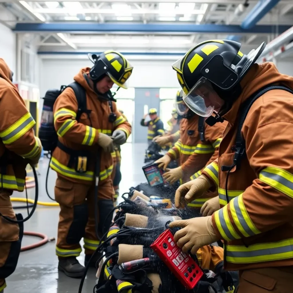 Firefighters cleaning gear in a bright facility setting.