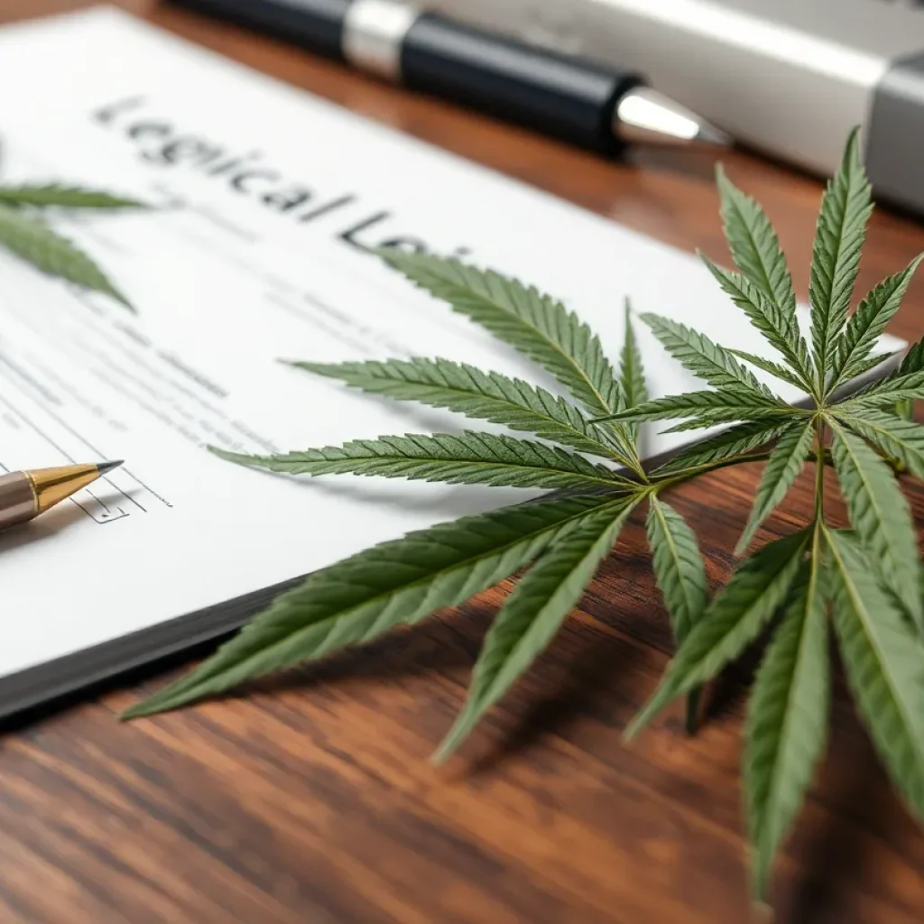 Legal documents and cannabis leaves on a desk.