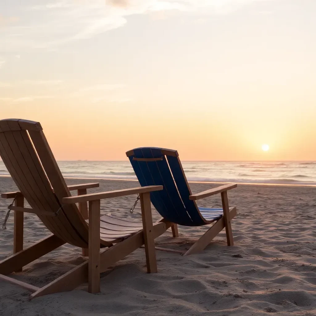 Abandoned beach chairs with a sunset backdrop.