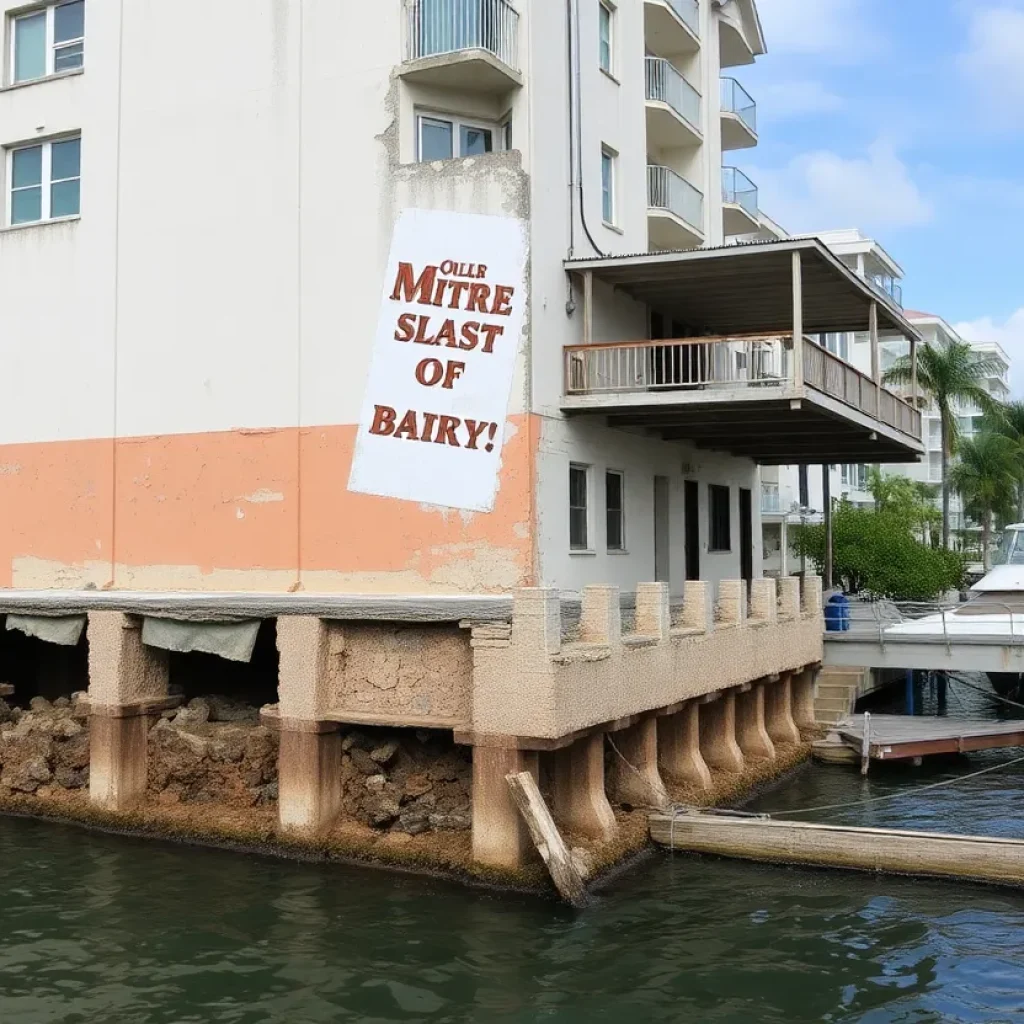 Deteriorating building foundation by waterfront in Miami.