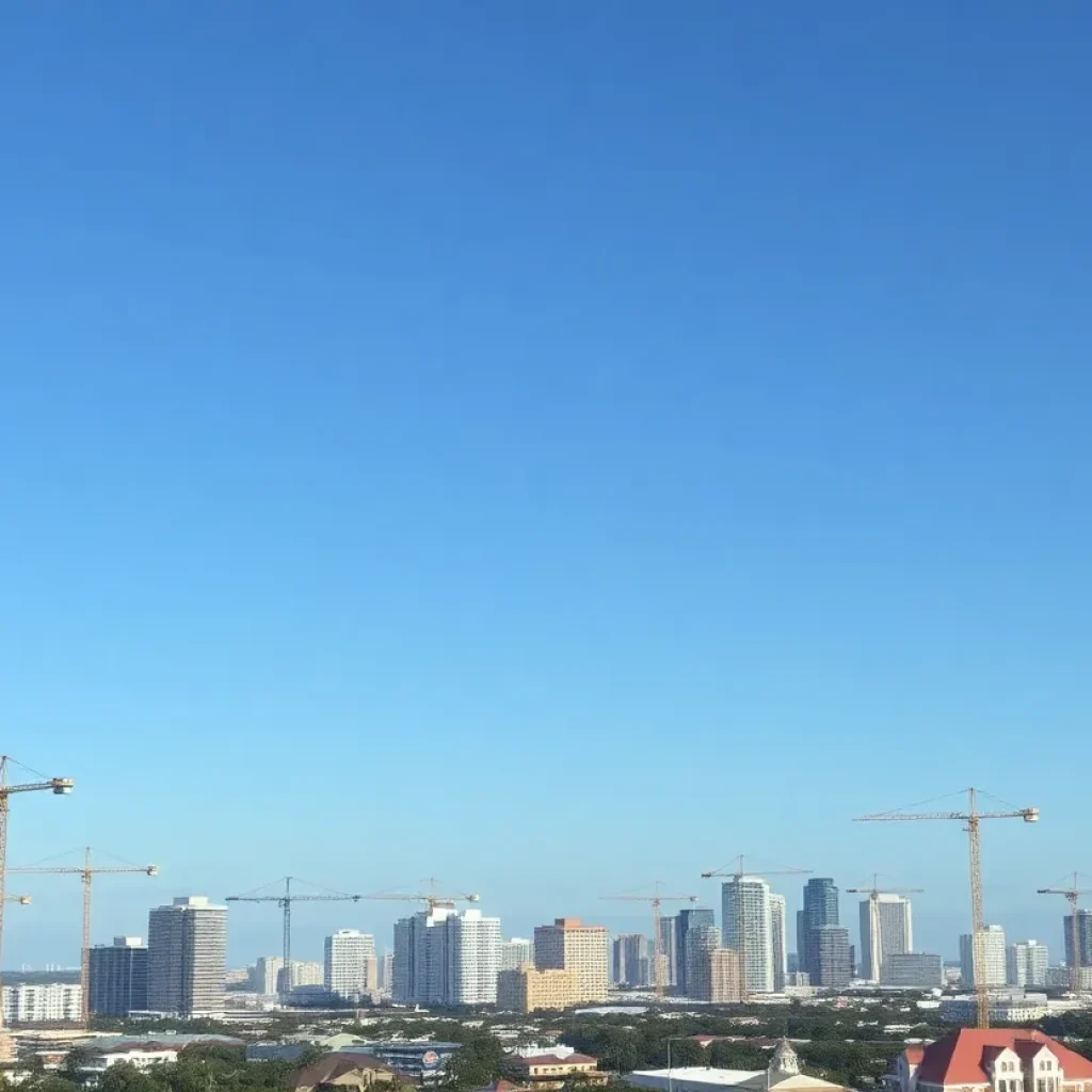 Skyline of a bustling Florida city with construction cranes.