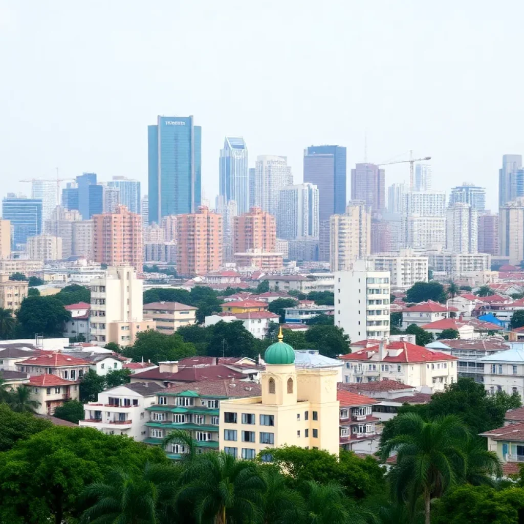 Urban skyline with diverse housing and bustling economy.