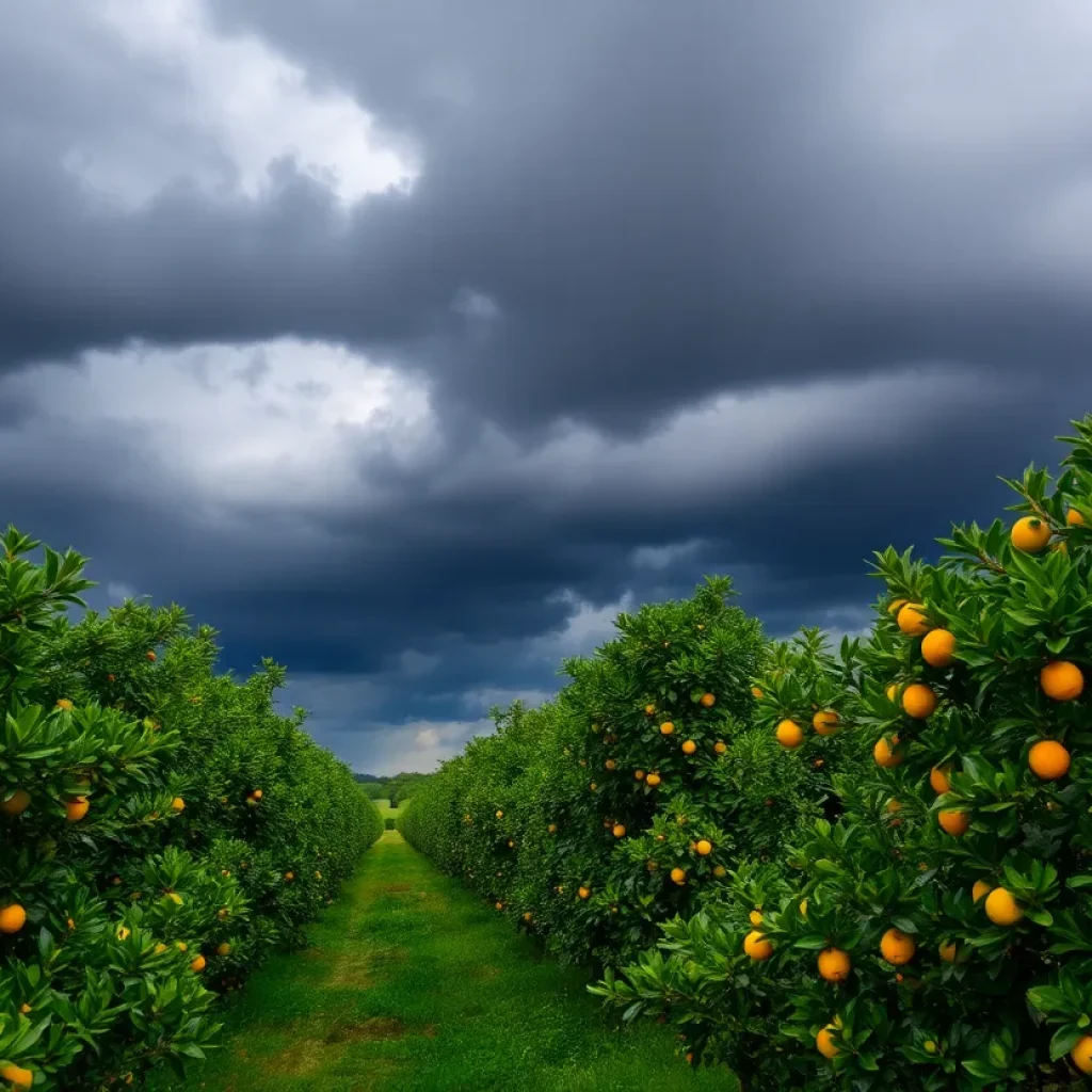 Citrus groves under dark stormy skies, highlighting environmental challenges.