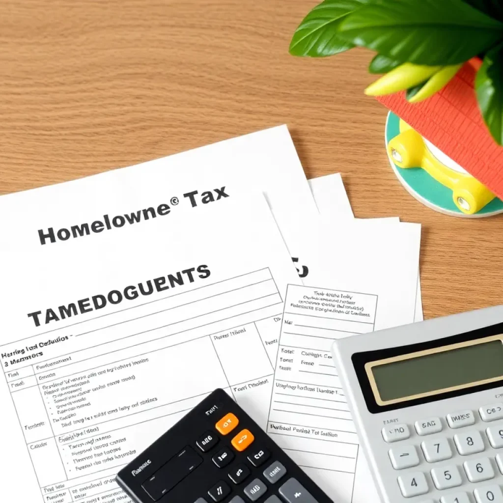 Homeowner tax documents with calculator and Florida-themed decor.