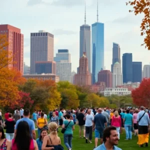 Vibrant city skyline with diverse community gathering in park.