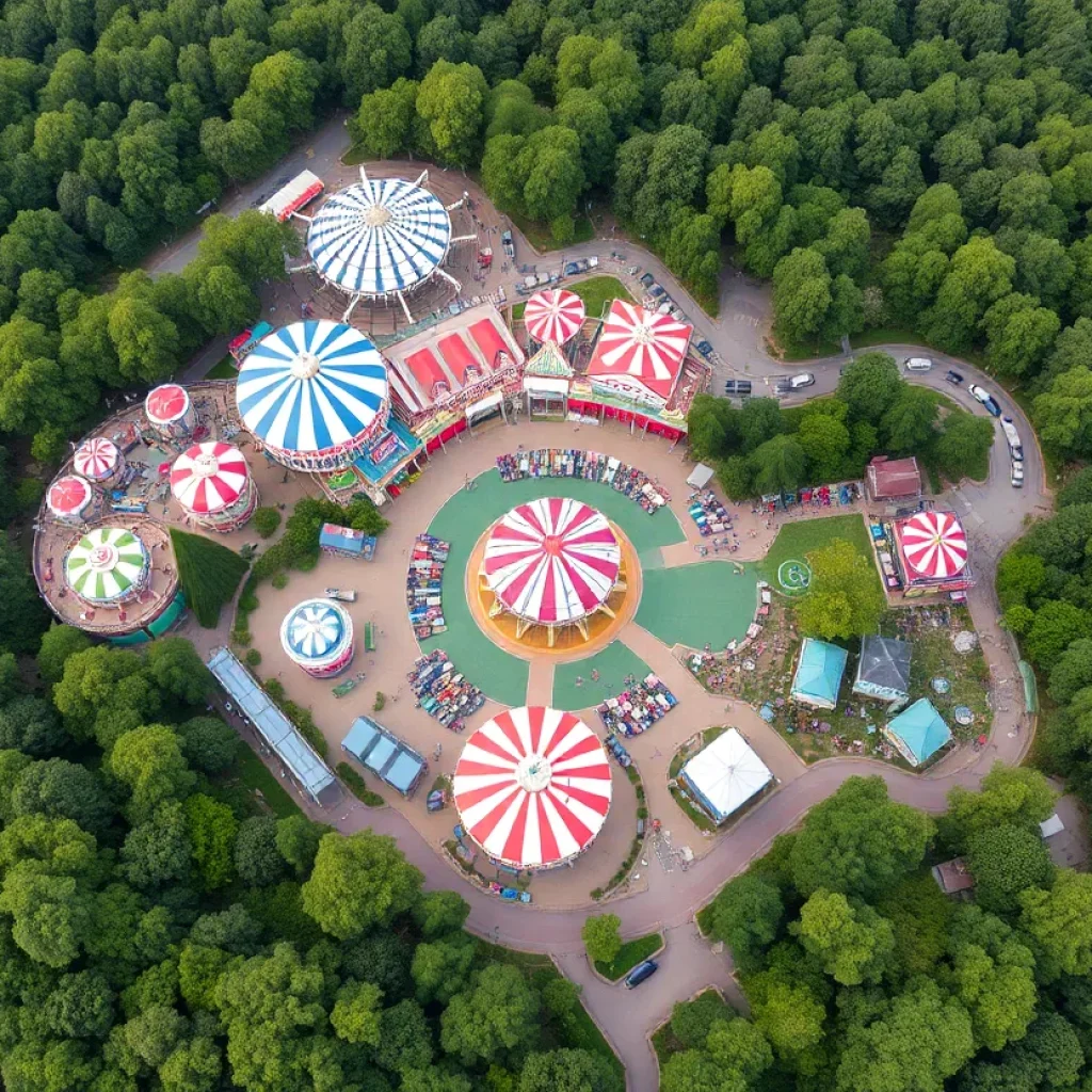 Aerial view of an amusement park with surrounding greenery.