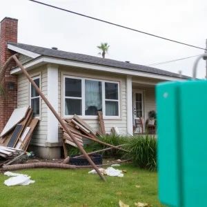 Hurricane-damaged home with utility bills in focus.