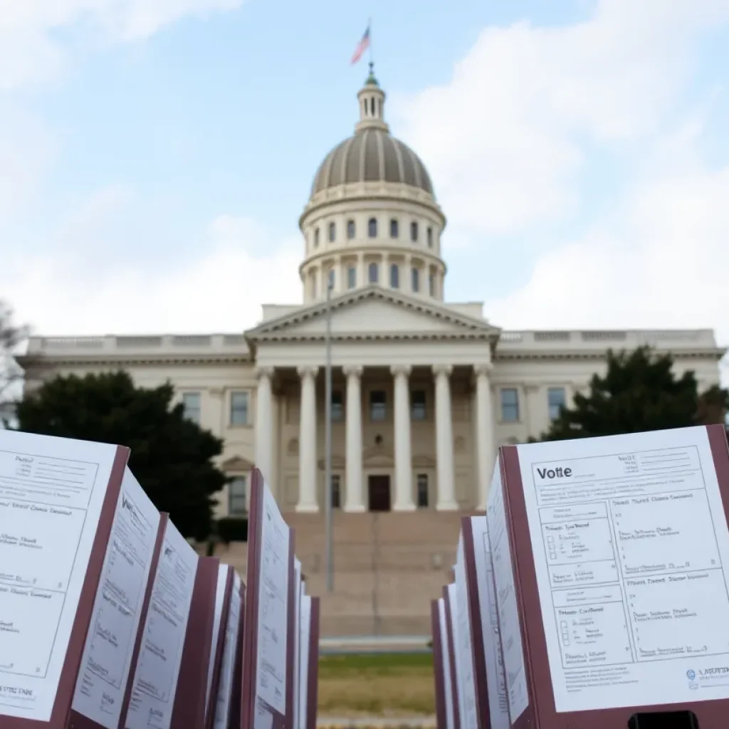 Voting ballots with a backdrop of a courthouse.