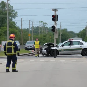 Emergency responders at a railroad crossing accident scene.