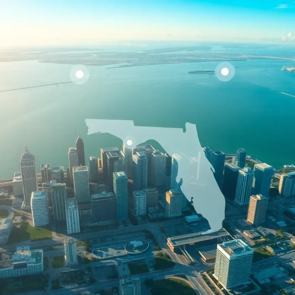 Aerial view of Florida skyline with technology symbols overlay.