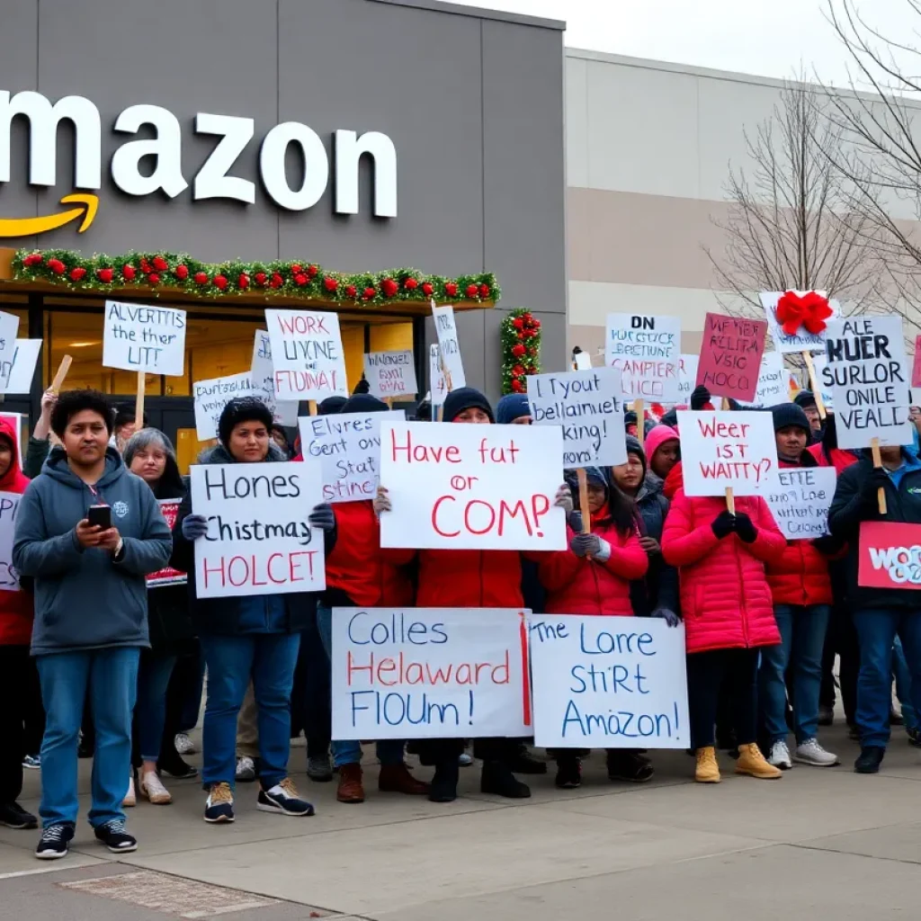 Diverse Amazon workers protesting for better pay and conditions