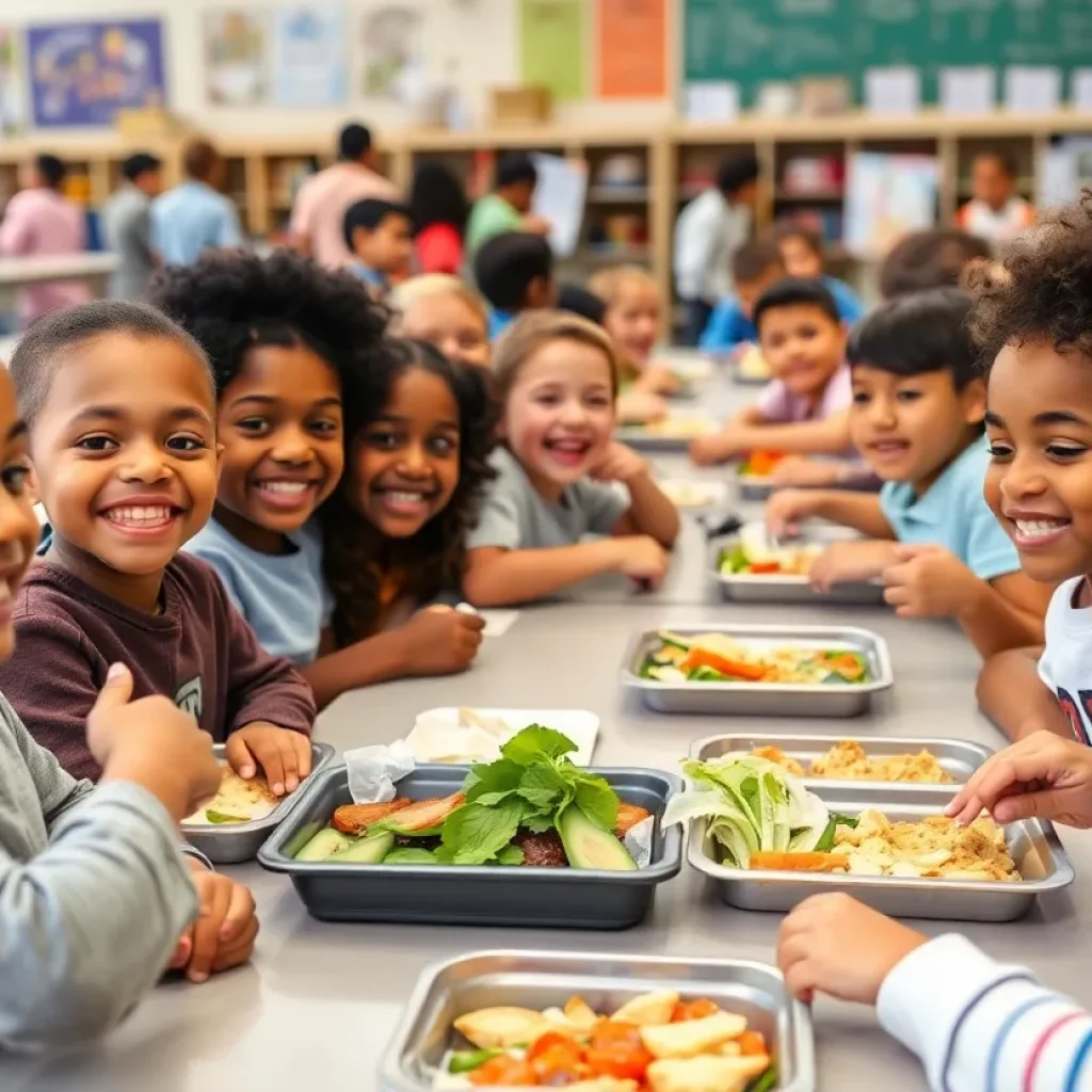 Children in a school cafeteria enjoying healthy meals together.