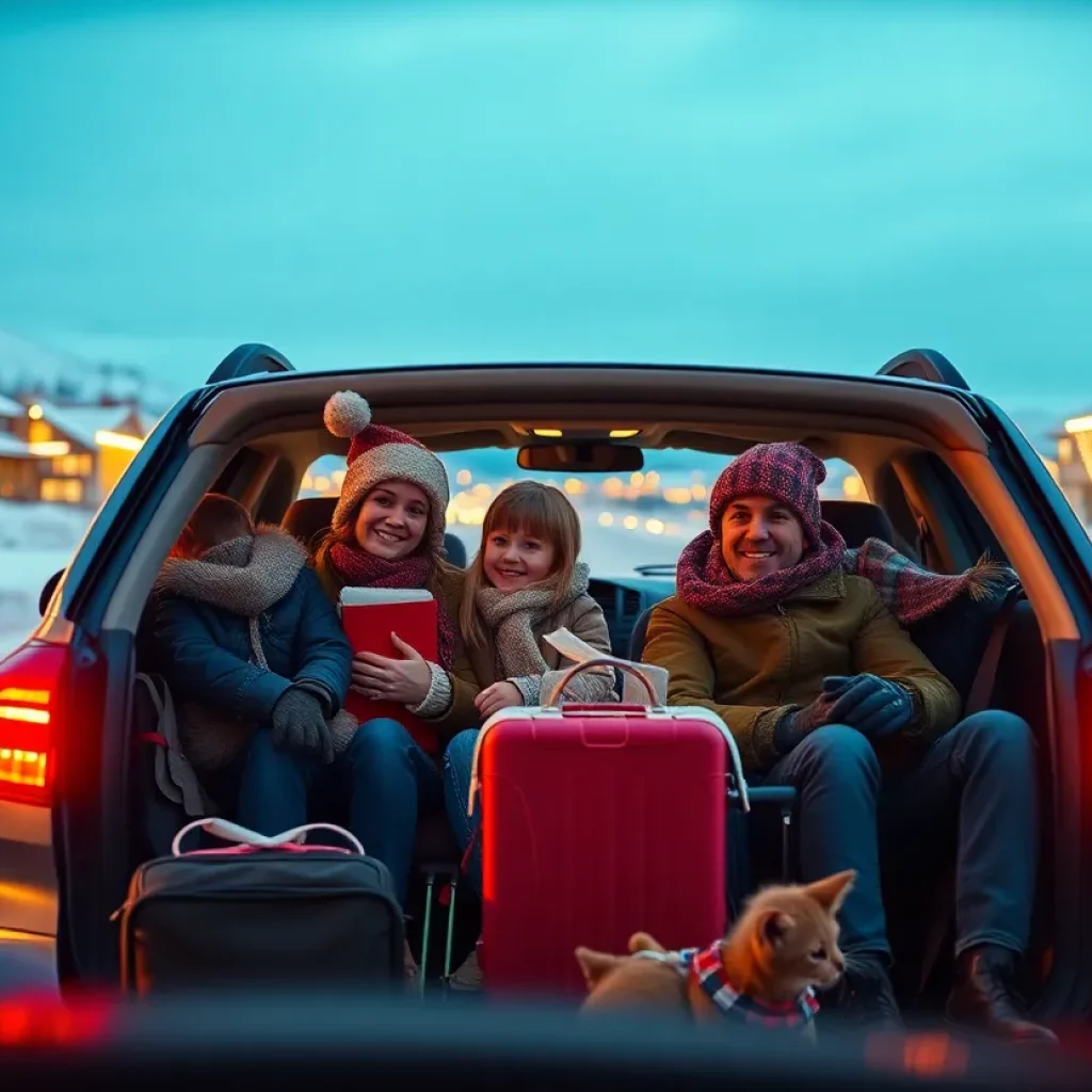 Families packing their car for holiday travel