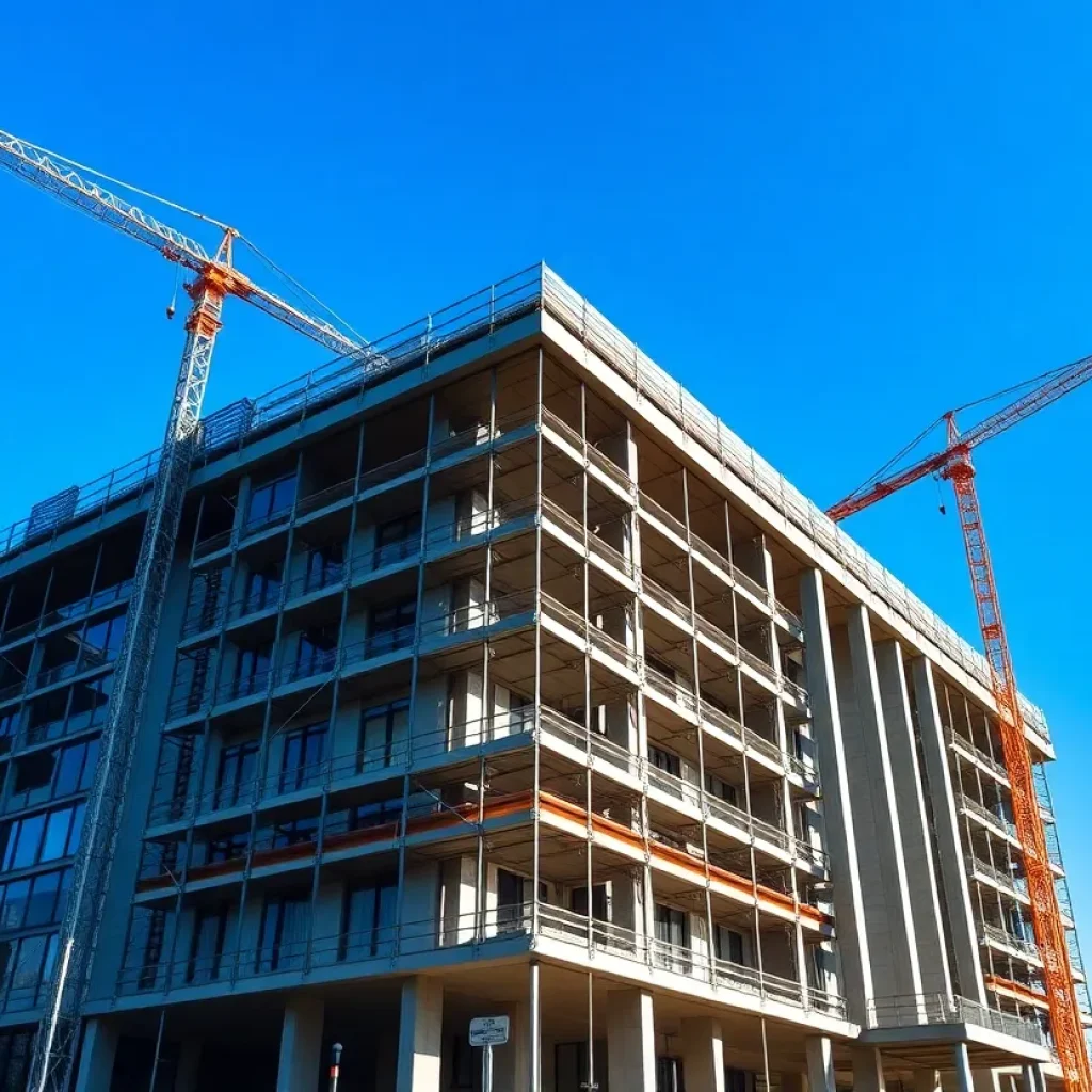 Construction site of FSU Legacy Hall with cranes and building framework.