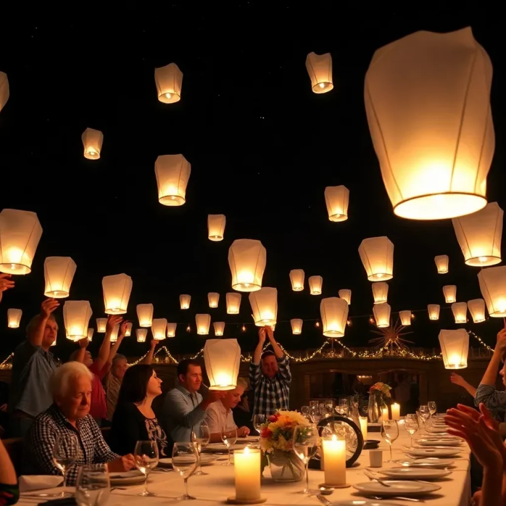 Community members at Kearney Center releasing sky lanterns