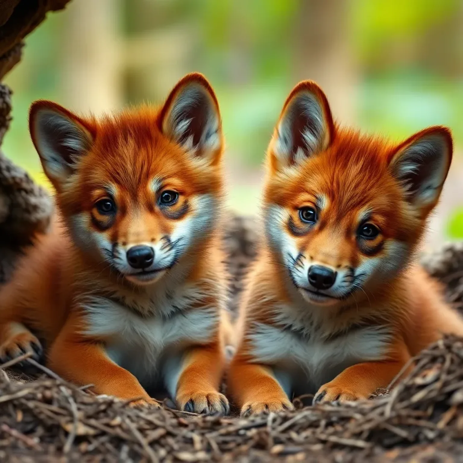 Two red wolf pups nestled in a den at Tallahassee Museum.