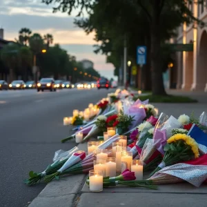 Candles and flowers on a street in Tallahassee honoring Michael Ibrahim