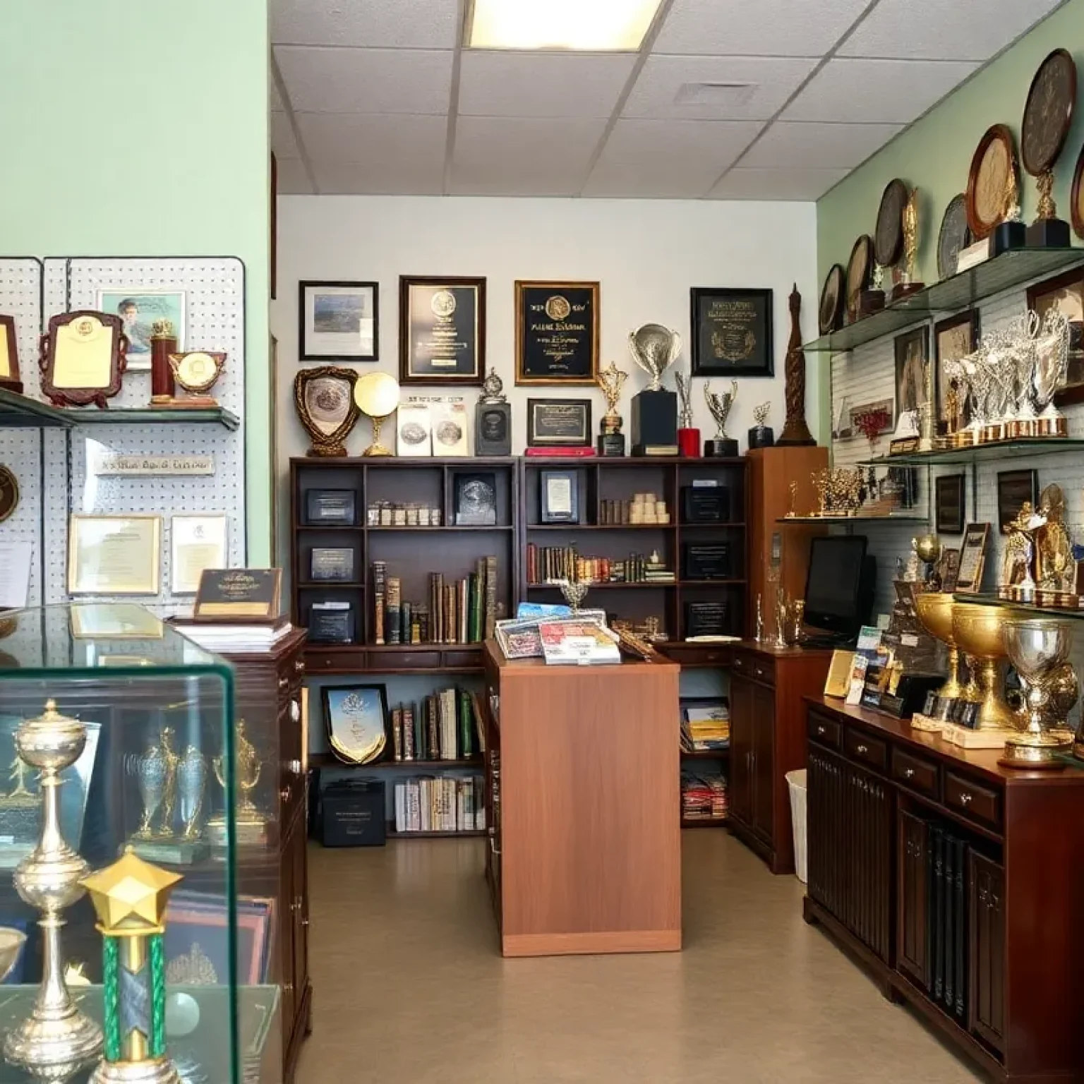 Interior view of Awards4U shop showcasing trophies and plaques