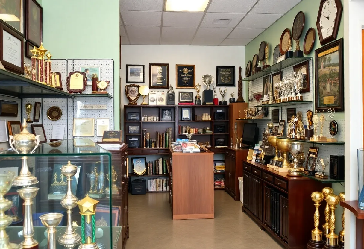 Interior view of Awards4U shop showcasing trophies and plaques