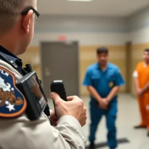 A law enforcement officer wearing a body camera at a detention facility.