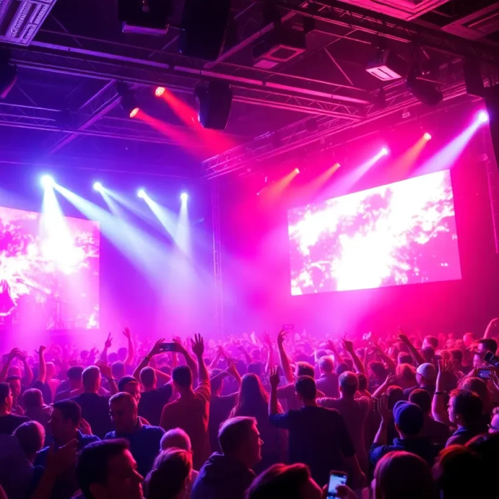 Crowd enjoying a live concert with bright stage lights.