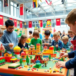 Families enjoying a LEGO building event with colorful structures.